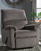 Gray fabric recliner chair with tufted back and side control lever