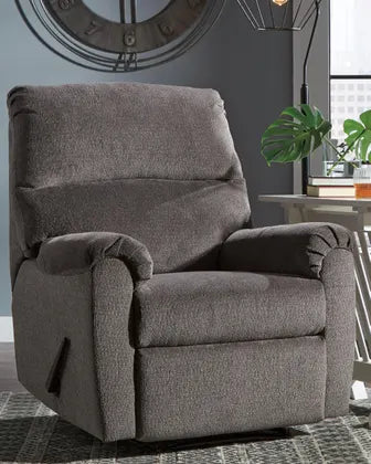 Gray fabric recliner chair with tufted back and side control lever