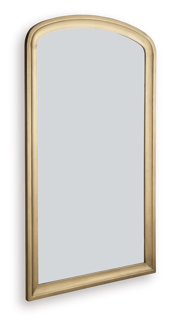 Arched floor mirror with gold-finished frame and reflective glass, angled view