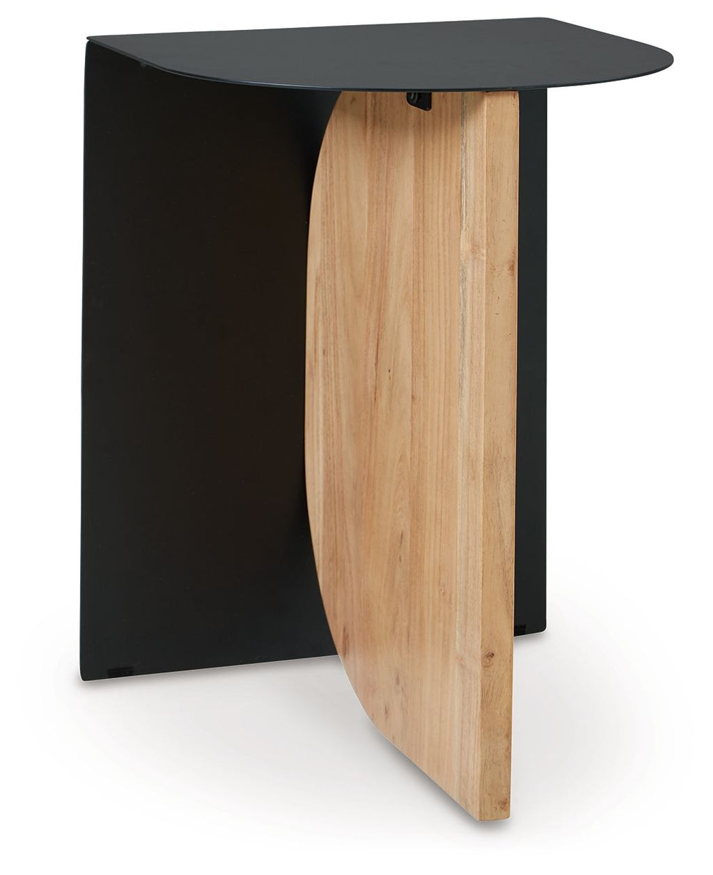 Black accent table with round top and natural wood pedestal base