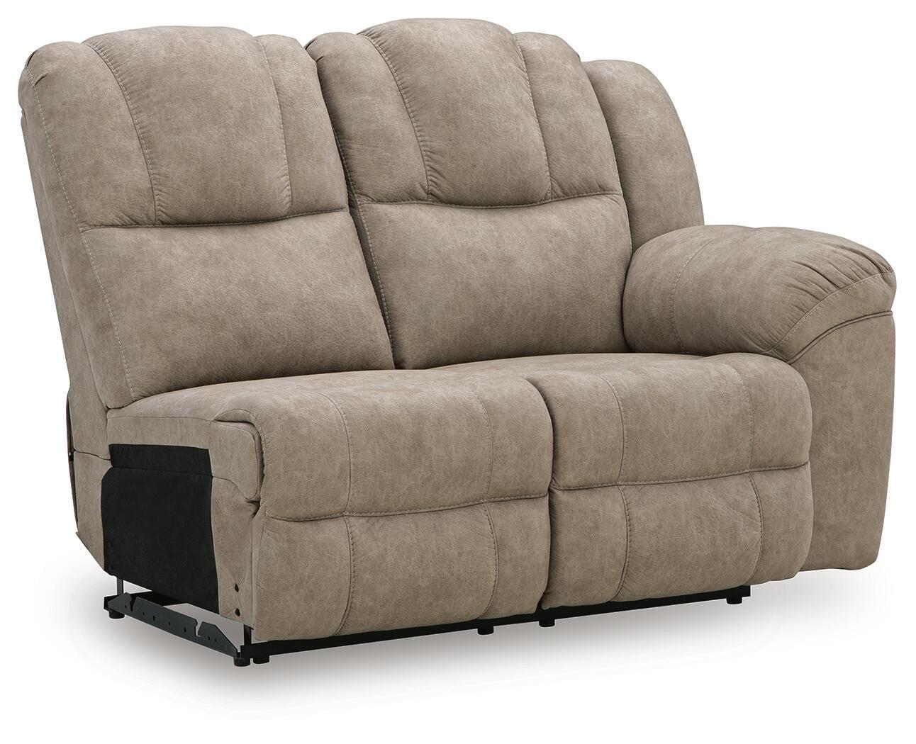 Reclining loveseat chair in beige fabric, two padded seats and rounded arms