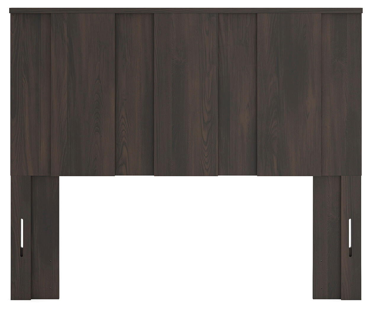 Dark brown panel headboard with five vertical panels and pull handles on the legs