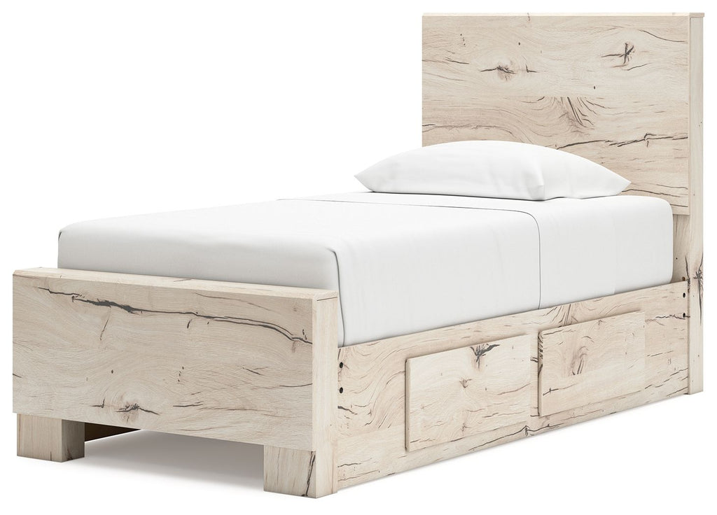 Light beige panel storage bed with upholstered headboard and drawer-front footboard
