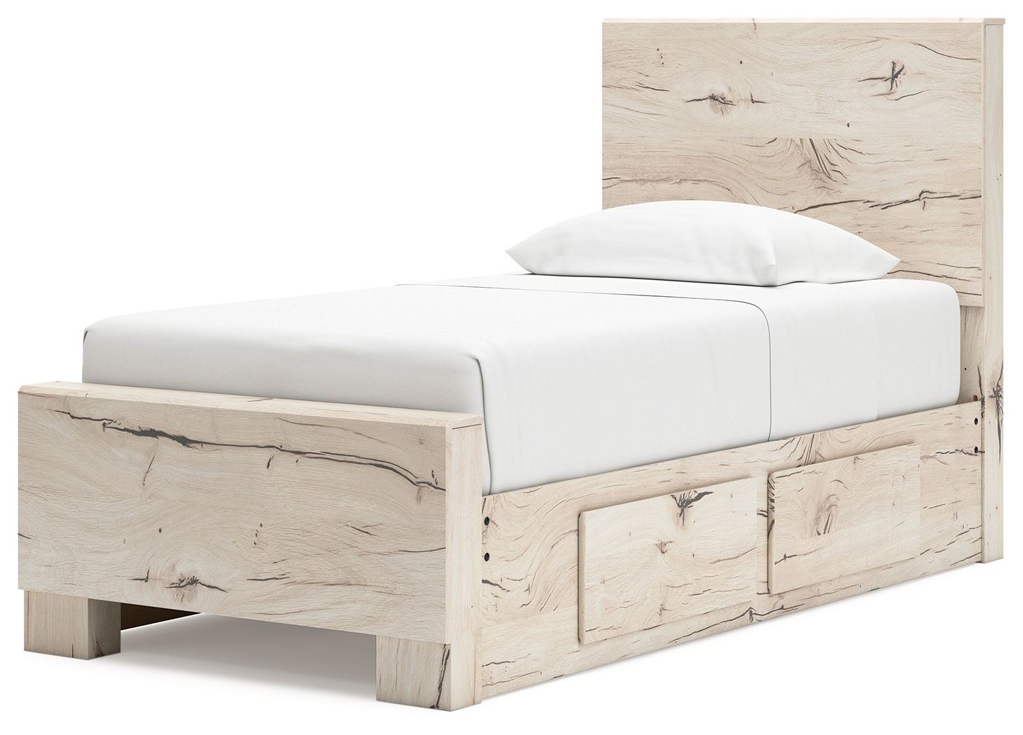 Light beige panel storage bed with upholstered headboard and drawer-front footboard