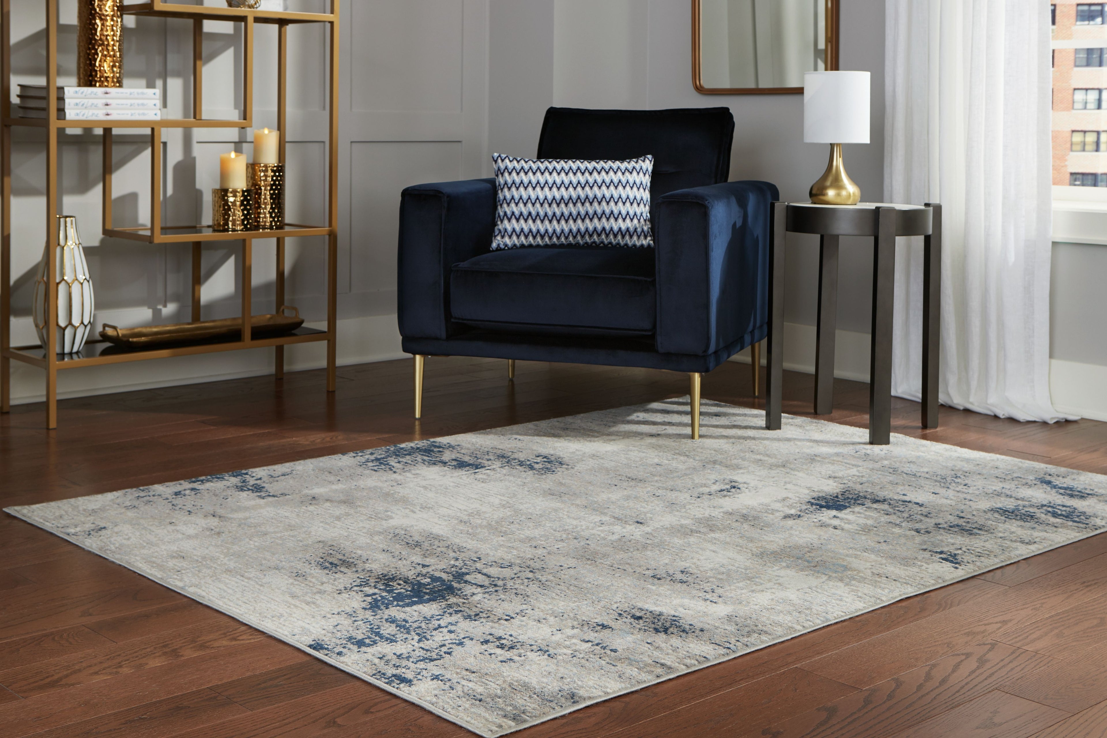 Abstract gray area rug with blue distressed patches, flat weave, rectangular