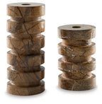 Tan marble candle holder set of 2, stacked cylindrical rings with central openings