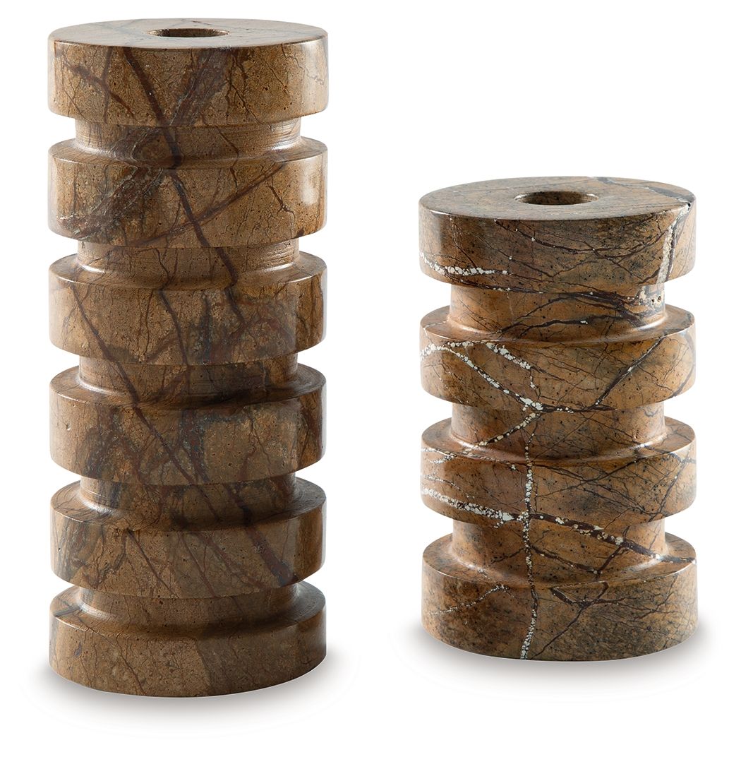 Tan marble candle holder set of 2, stacked cylindrical rings with central openings