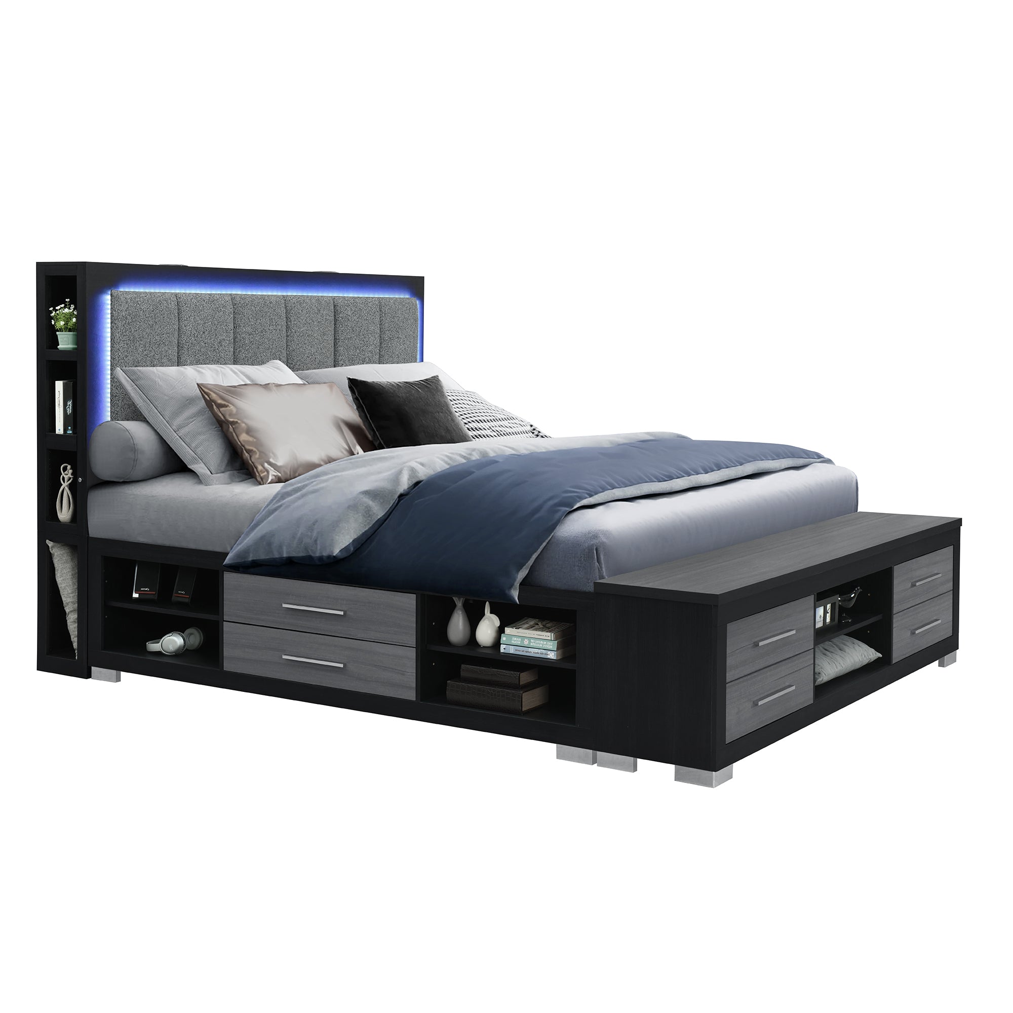 MESSA Modern King Bed: Bookcase Headboard & Storage - Black/Grey