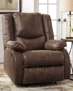 Bladewood recliner in dark coffee brown with side storage panel and padded ottoman footrest