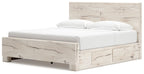 Light beige panel storage bed with low platform frame and drawer-front panels