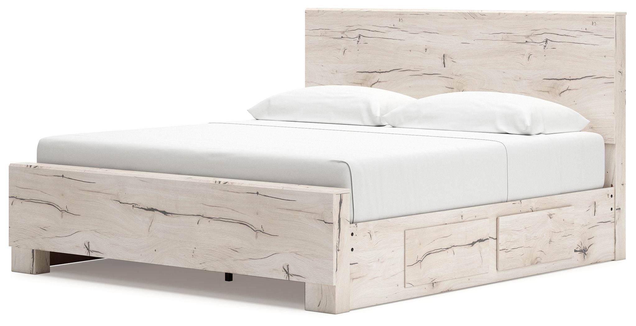 Light beige panel storage bed with low platform frame and drawer-front panels