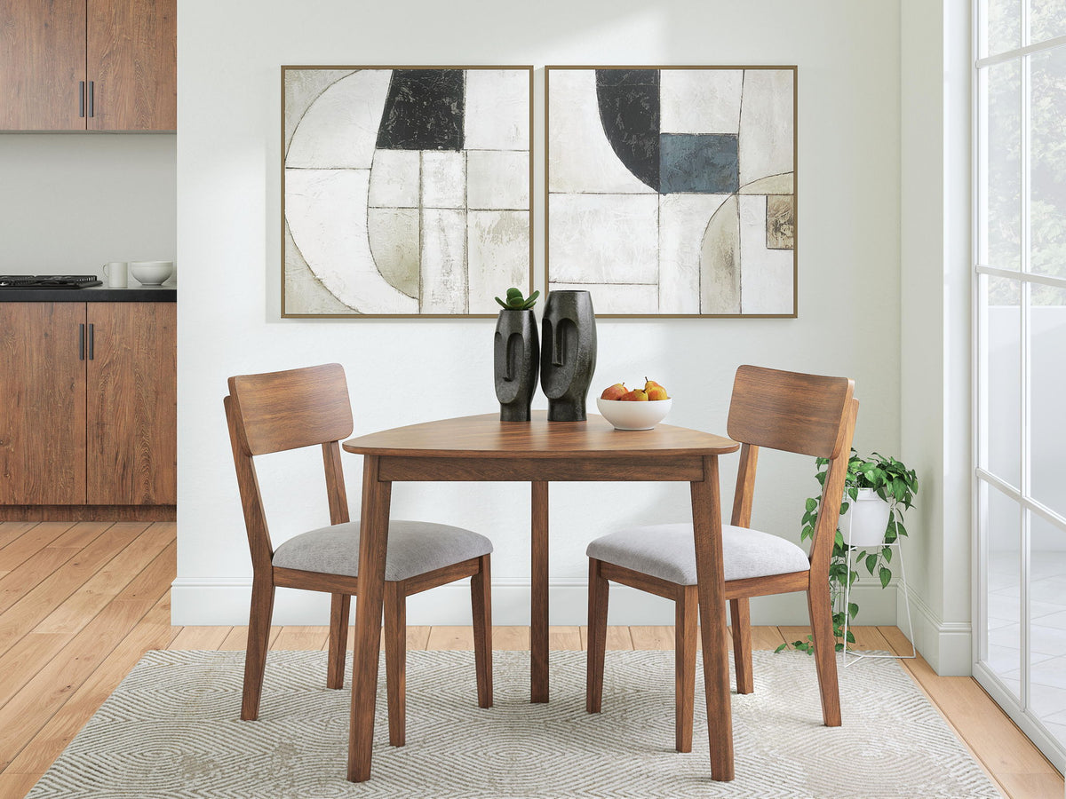 Wooden dining table with two matching chairs, light gray seat cushions