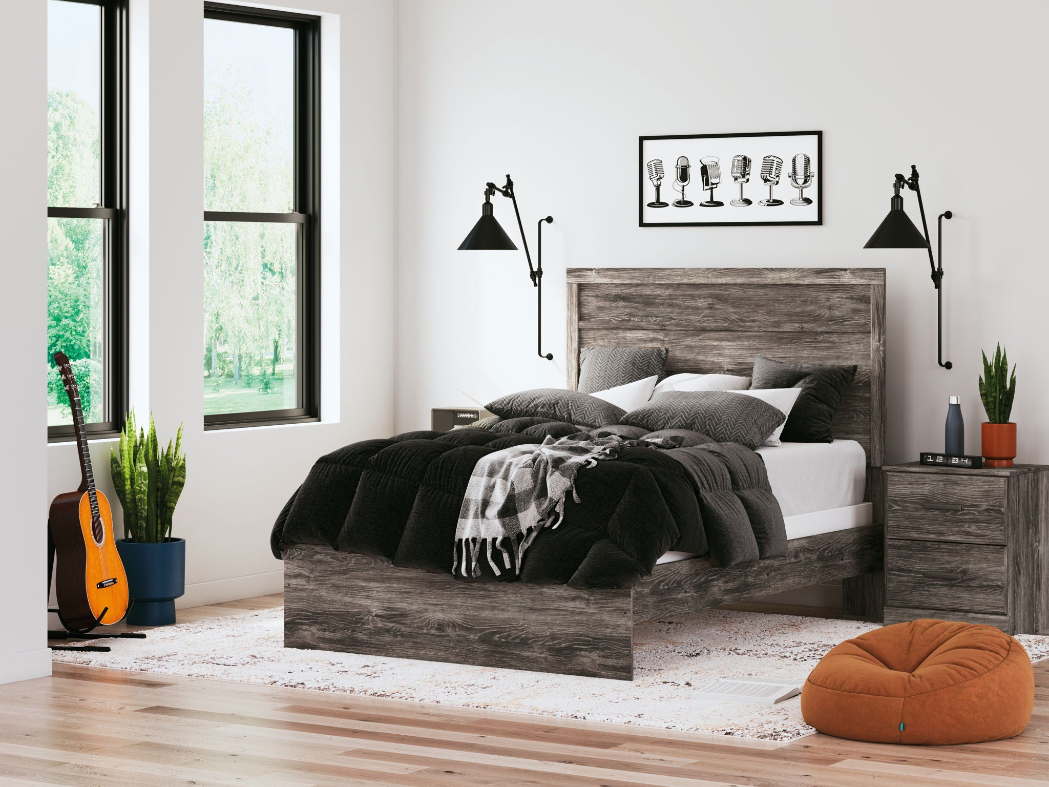 Dark gray wood-look panel bed with gray bedding and dark throw blanket
