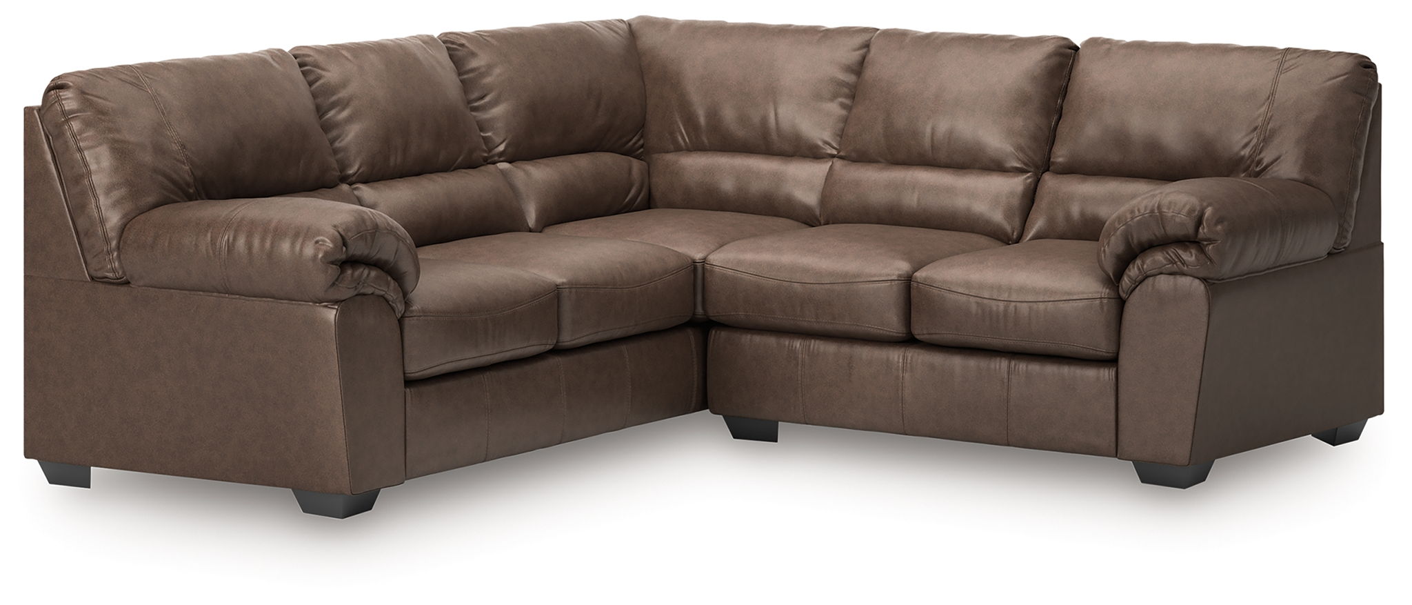 Sectional sofa with dark brown leather-look upholstery, corner chaise, and thick armrests