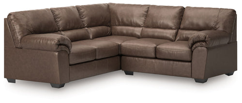 Sectional sofa with dark brown leather-look upholstery, corner chaise, and thick armrests