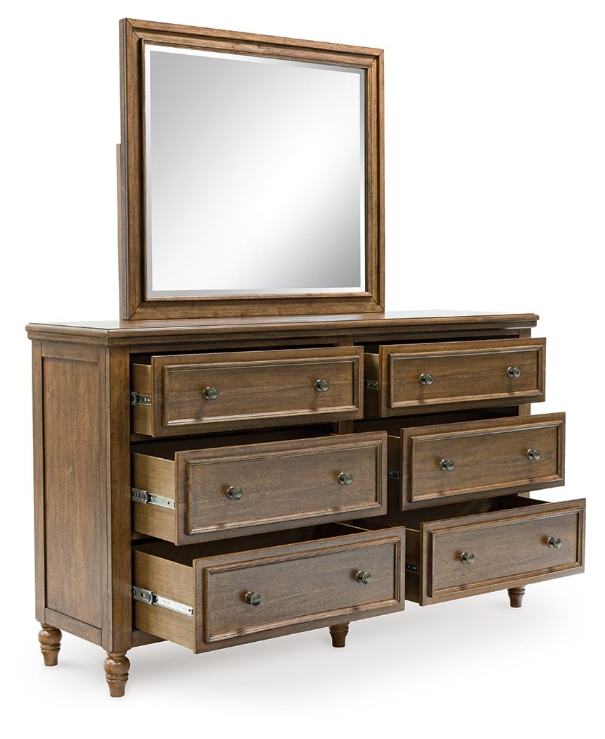 Dark brown dresser with square mirror and six drawer fronts with metal pulls