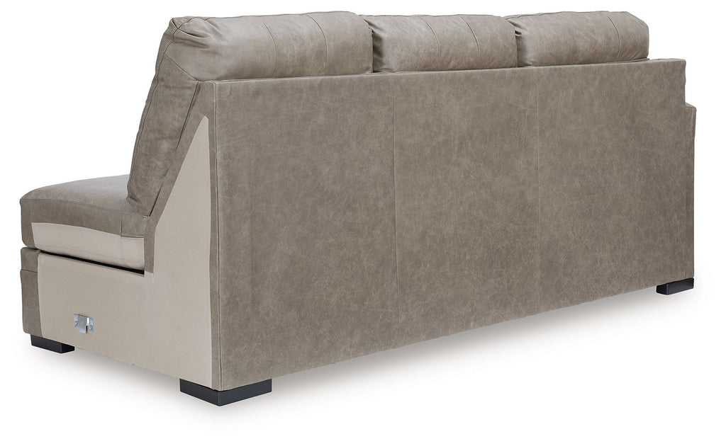 Beige fabric sofa chaise with upright back panel and wide arm, black feet