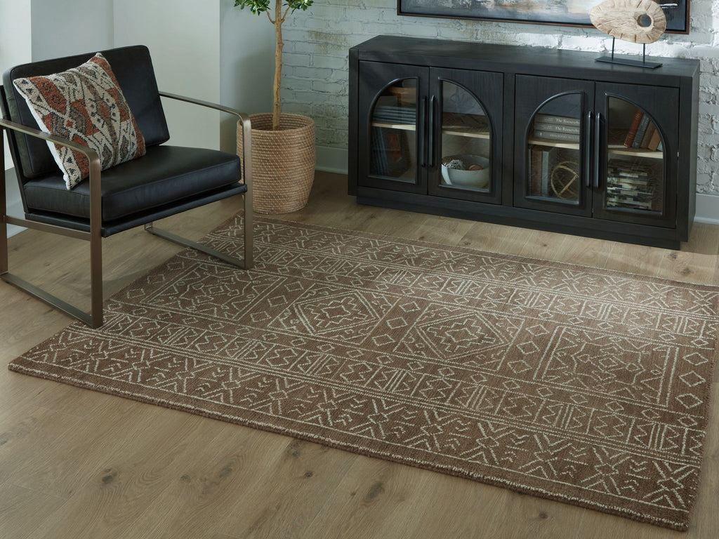 Geometric area rug with dark brown and beige patterned weave, flat border