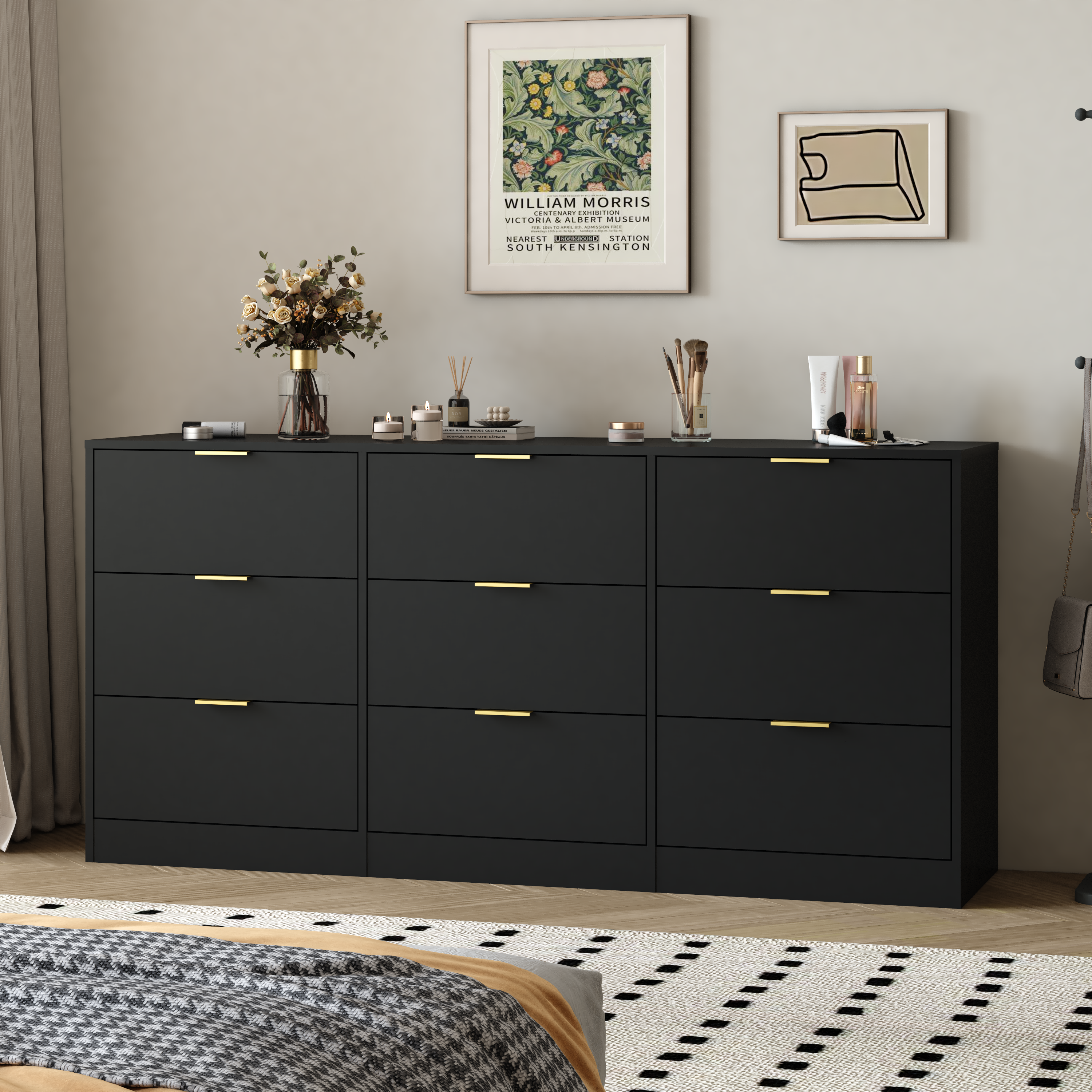 Black 9-Drawer Dresser: 63" Large Deep Chest Storage