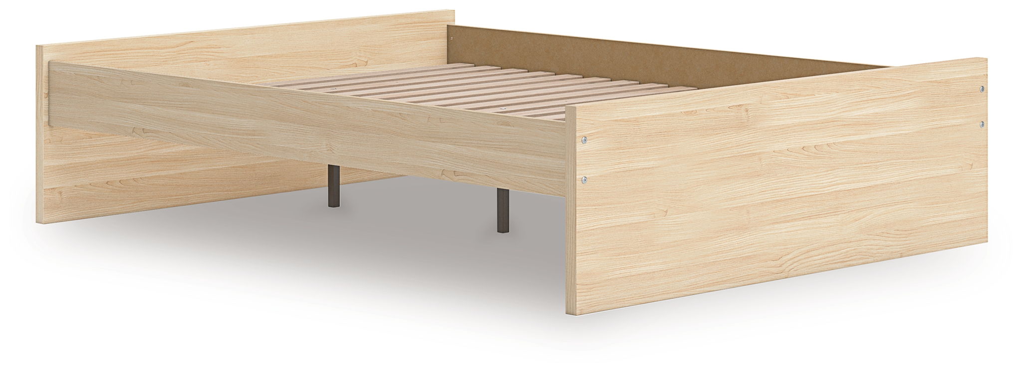 Light brown platform bed frame with slatted base and four squared legs, no drawers shown