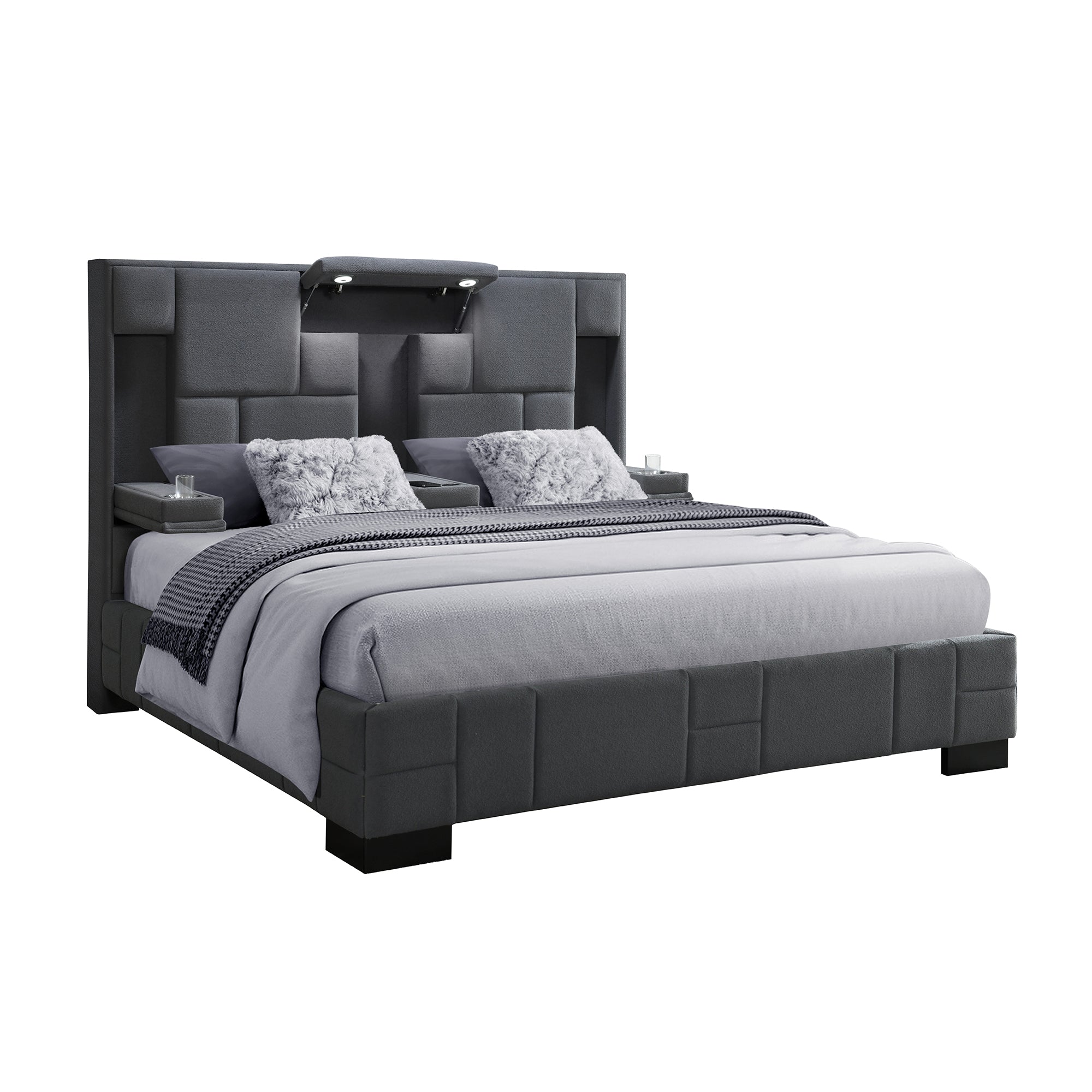 YARIS King Bed: Wireless Charging, LED Lights, Dark Gray Rubber Wood