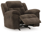 Chocolate fabric rocker recliner chair reclined with extended footrest