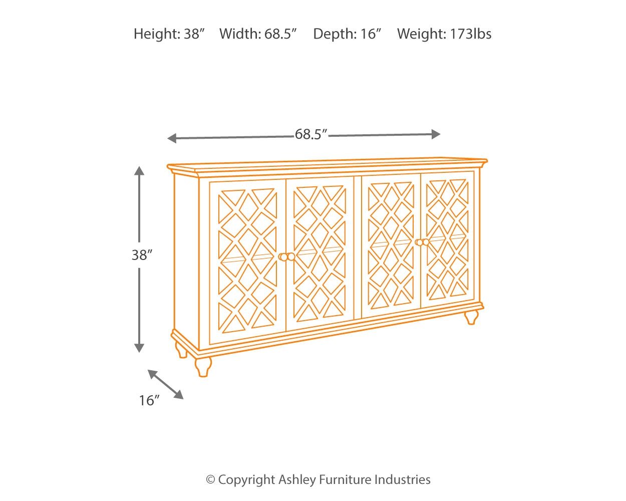 Teal accent cabinet outline with 38in height, 68.5in width, and 16in depth