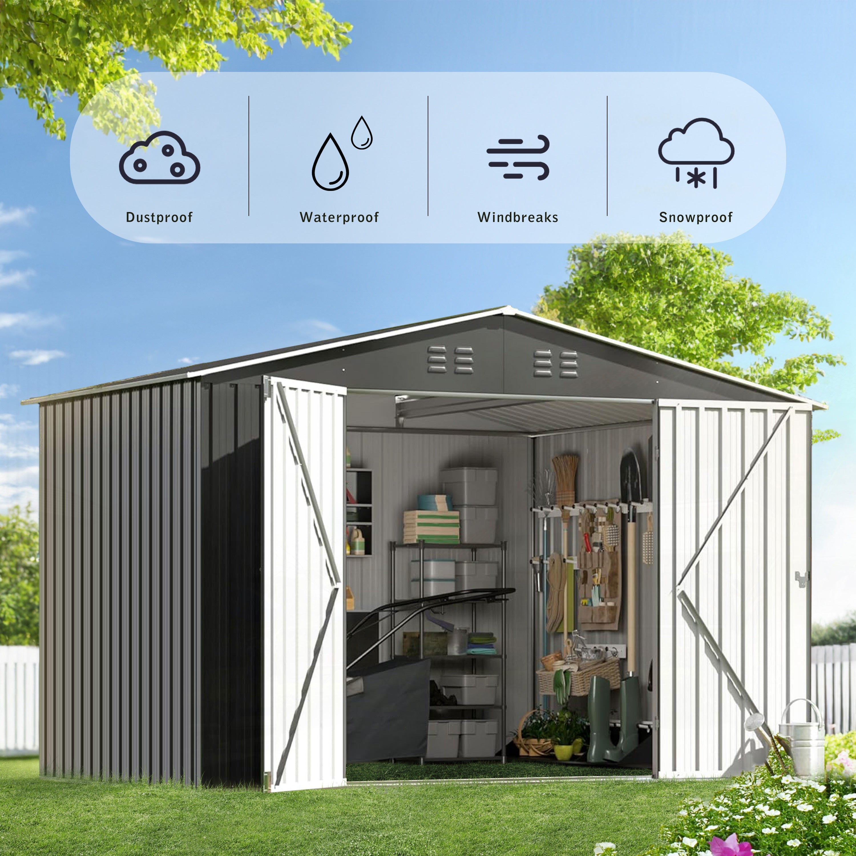 10x10 Metal Shed w/Lock & Vents - Outdoor Storage-American Furniture Outlet