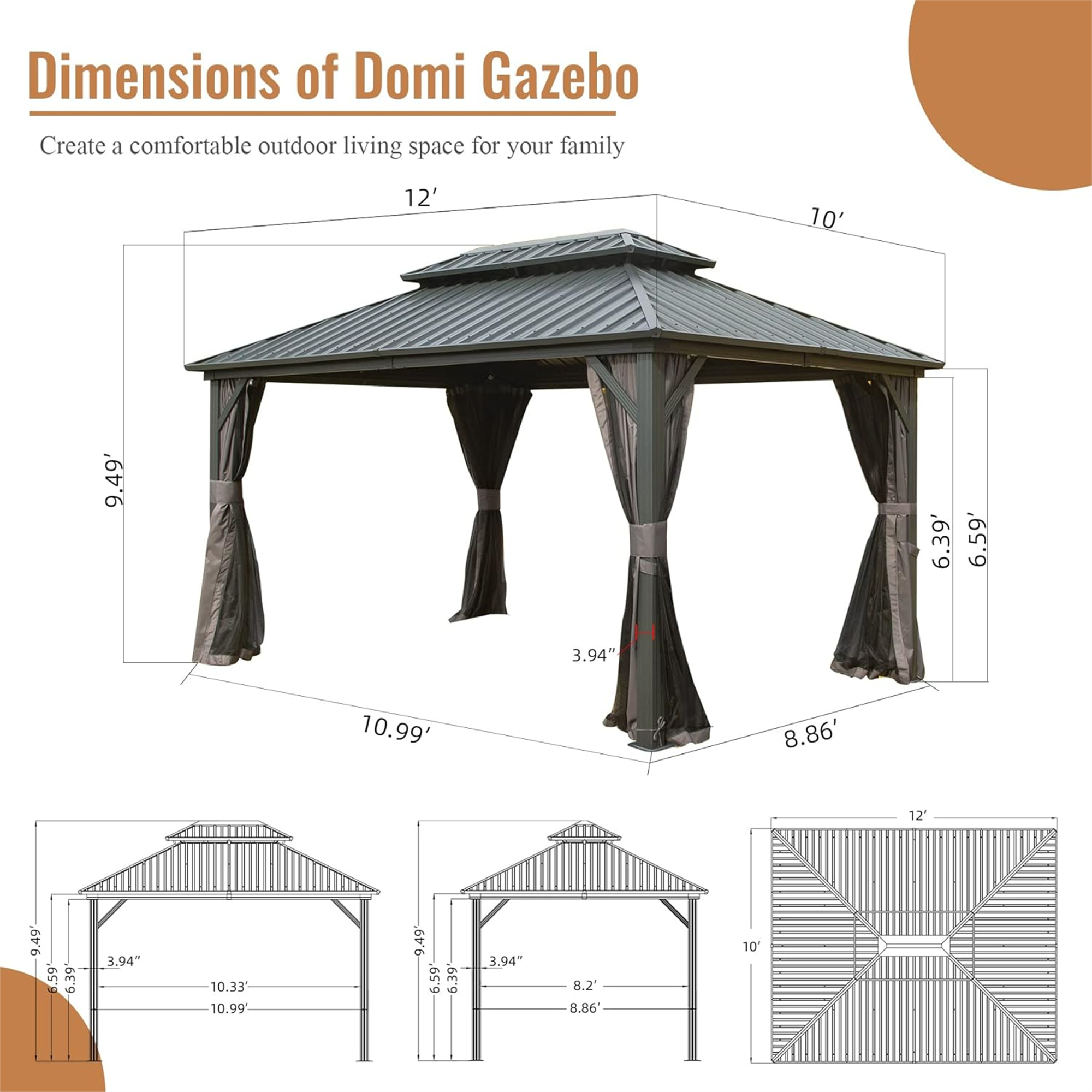 10'x12' Hardtop Gazebo w/ Curtains & Netting-American Furniture Outlet