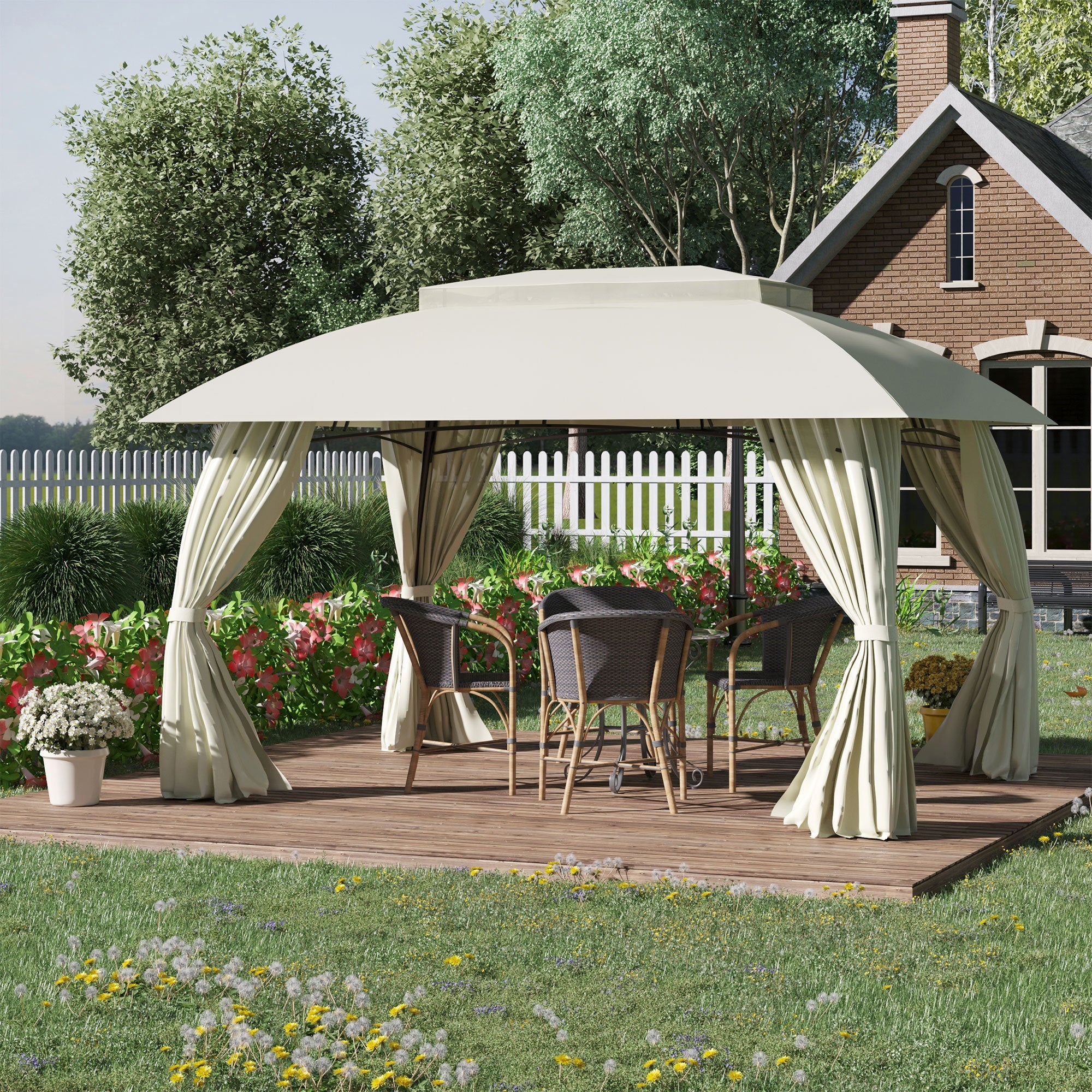 10'x13' Gazebo Canopy w/Curtains - Beige-American Furniture Outlet