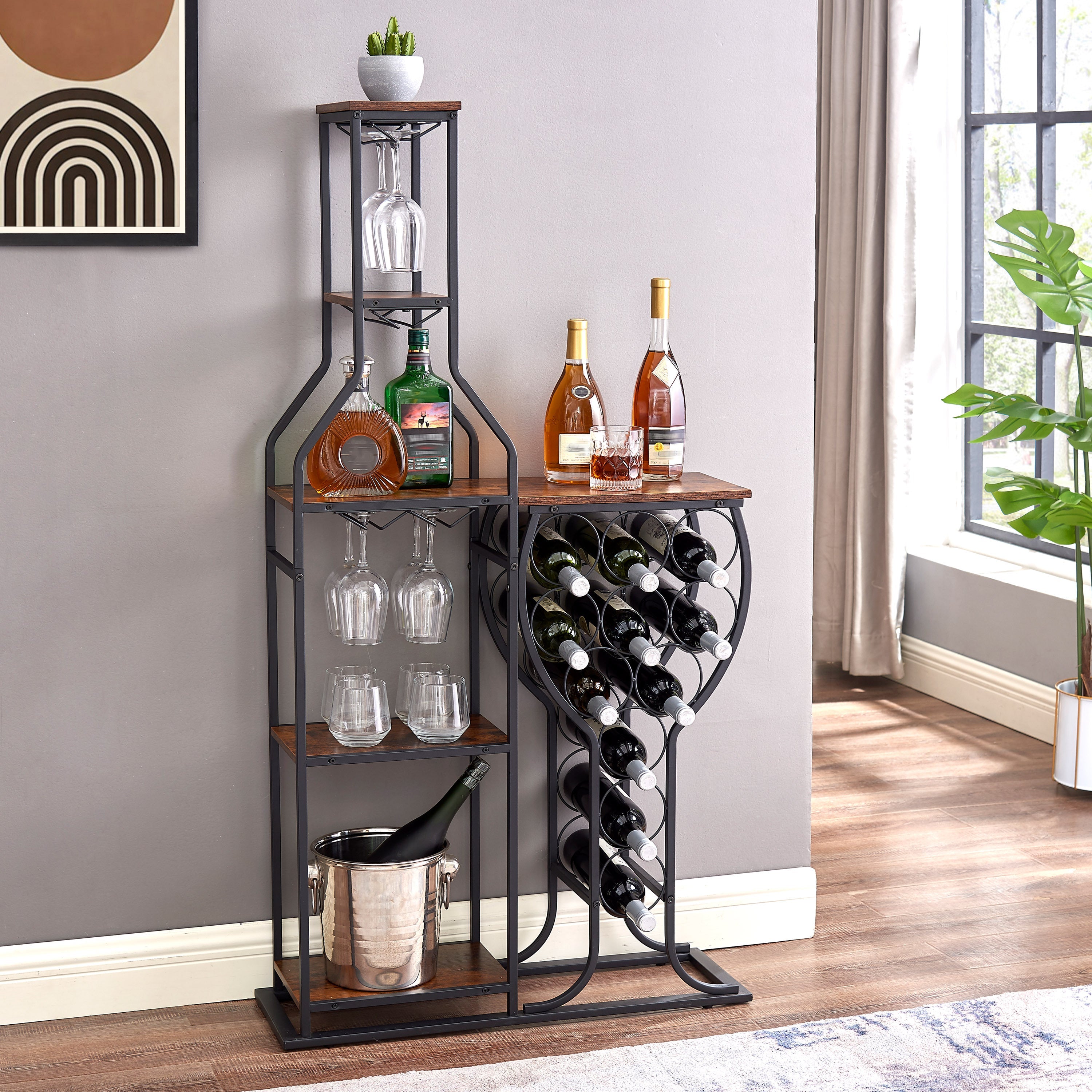 11 Bottle Wine Rack with Glass Holder & Shelves - 5 Tier Freestanding-American Furniture Outlet