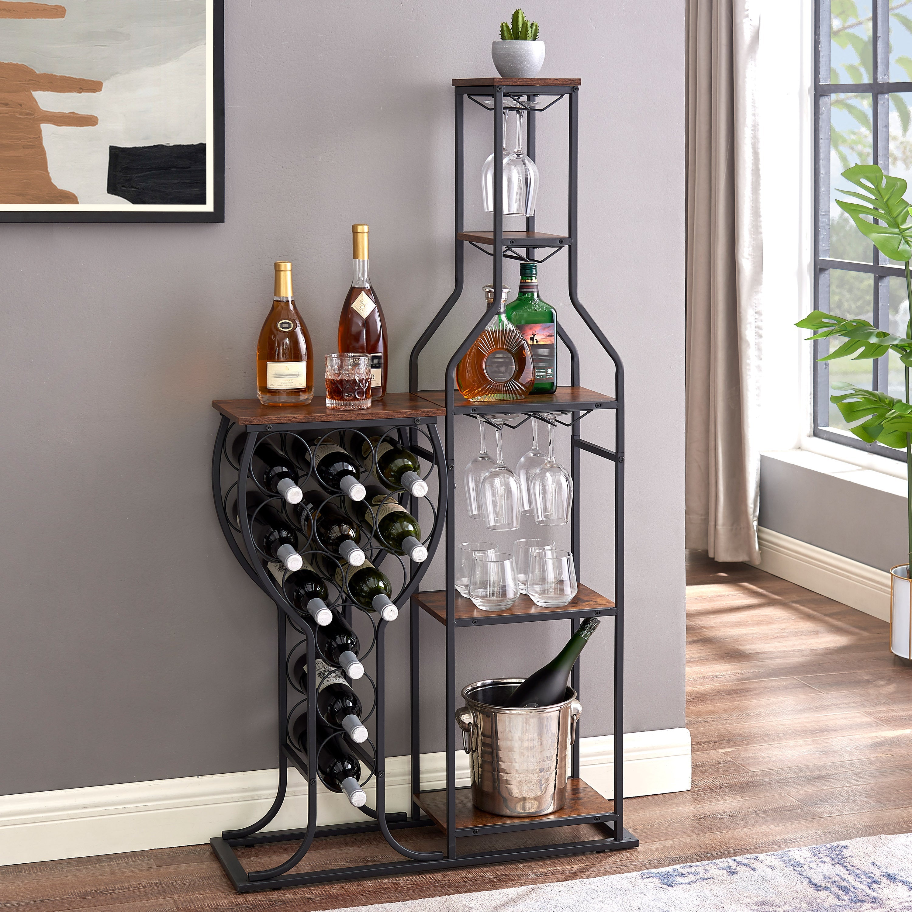 11 Bottle Wine Rack with Glass Holder & Shelves - 5 Tier Freestanding-American Furniture Outlet