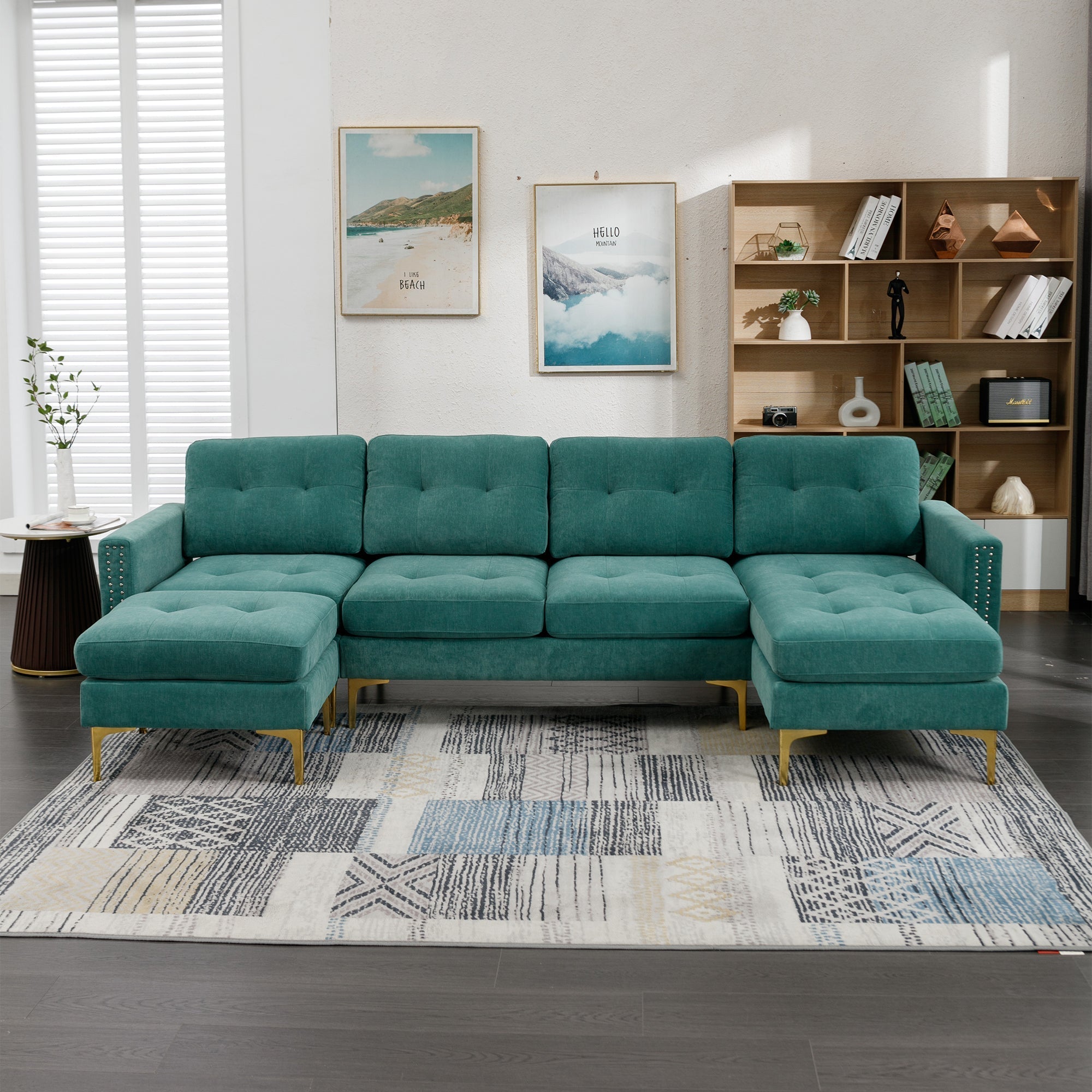 110" Green L-Shape Sectional Sofa Couch w/ Movable Ottoman | Living Room & Apartment-American Furniture Outlet -American Furniture Outlet