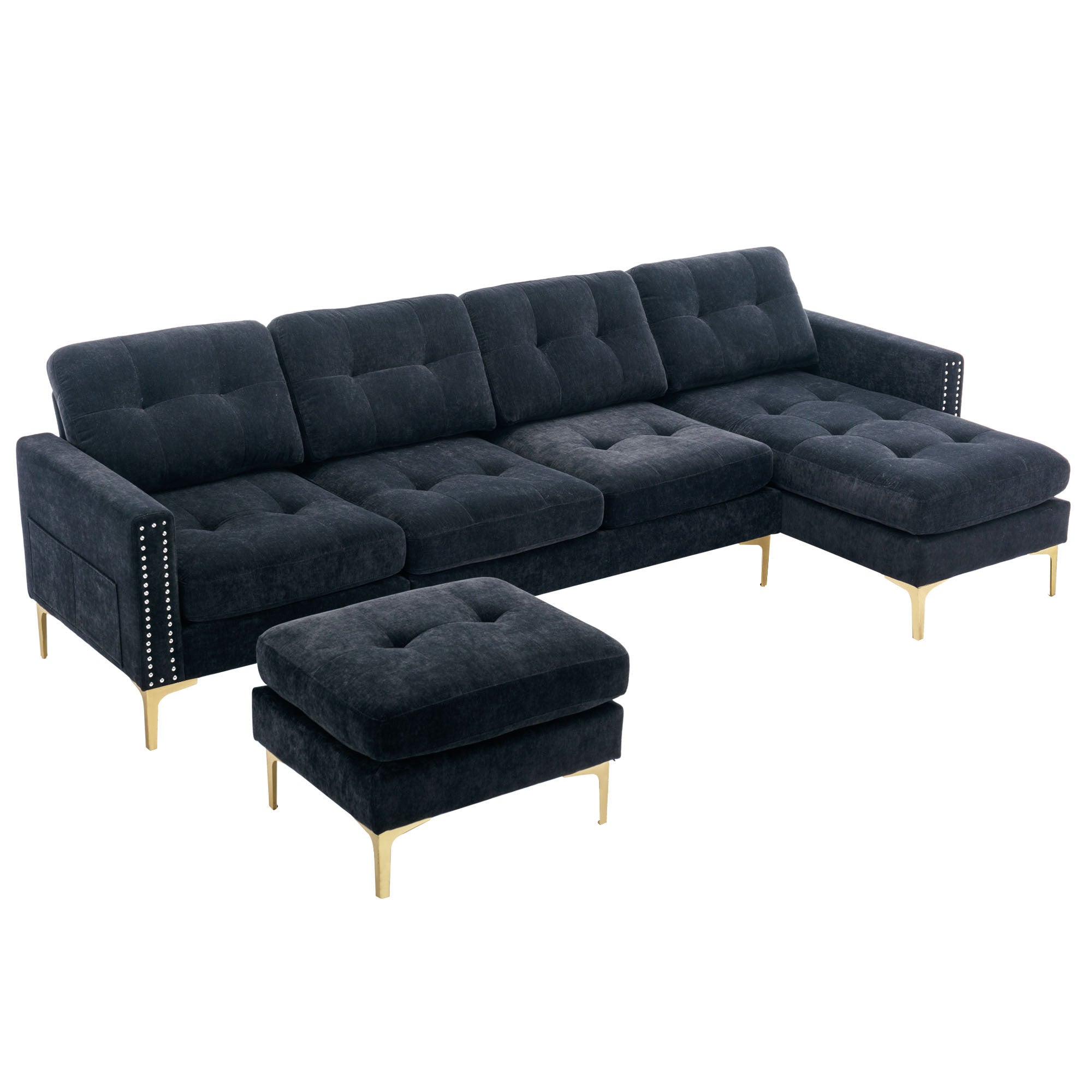 110" Velvet L-Shaped Sectional Sofa with Storage &amp; Movable Ottoman - Black-American Furniture Outlet -American Furniture Outlet