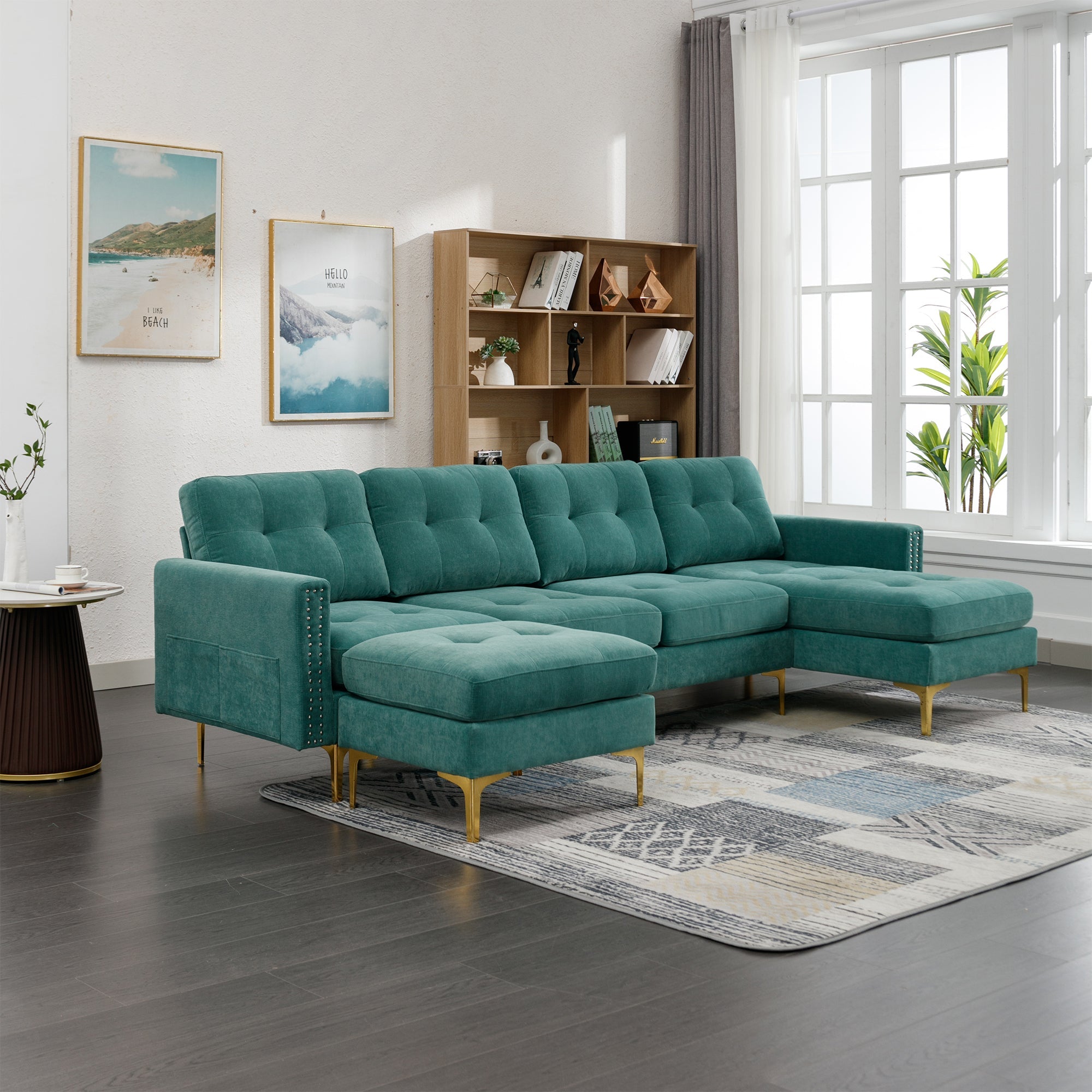 110" Green L-Shape Sectional Sofa Couch w/ Movable Ottoman | Living Room & Apartment-Stationary Sectionals-American Furniture Outlet