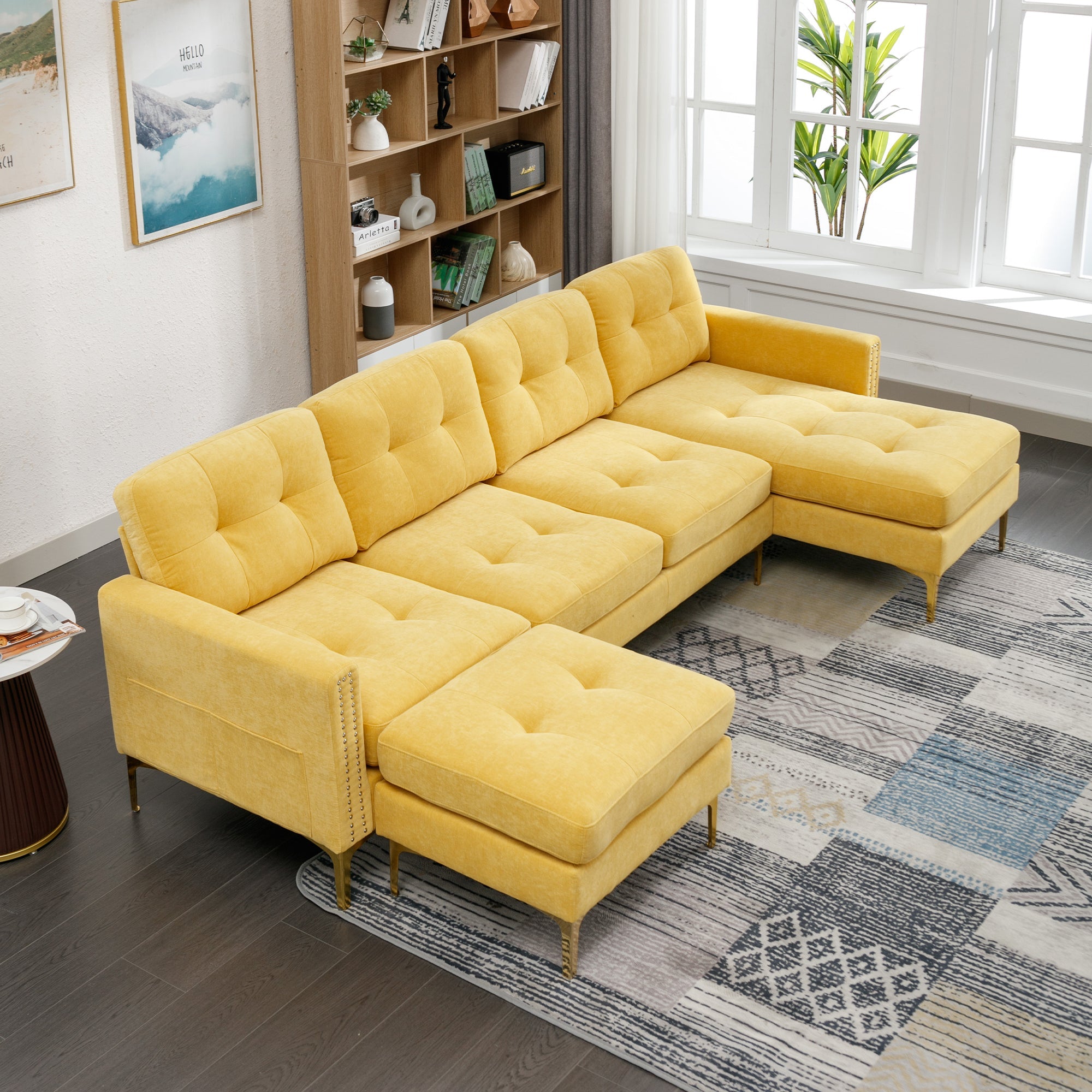 110" L-Shape Convertible Sectional Sofa Couch w/ Ottoman | Living Room, Apartment, Office | Yellow-Stationary Sectionals-American Furniture Outlet