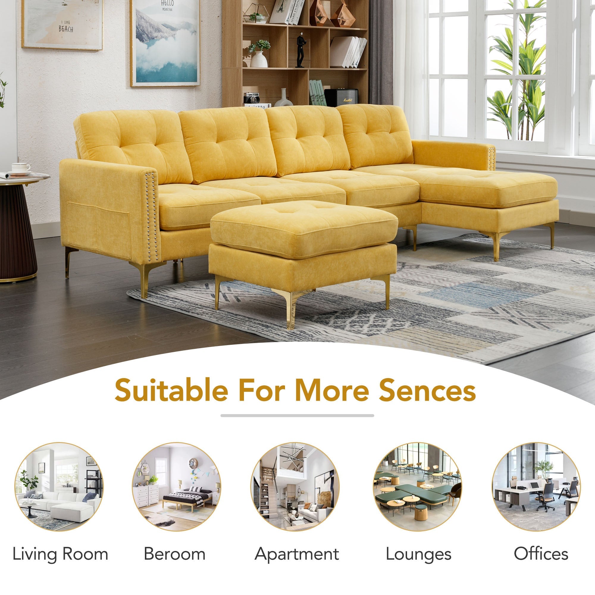 110" L-Shape Convertible Sectional Sofa Couch w/ Ottoman | Living Room, Apartment, Office | Yellow-Stationary Sectionals-American Furniture Outlet