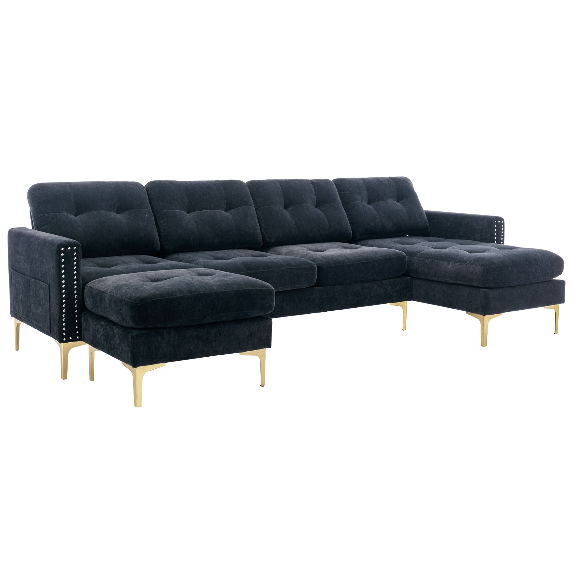 110" Velvet L-Shaped Sectional Sofa with Storage &amp; Movable Ottoman - Black-Stationary Sectionals-American Furniture Outlet