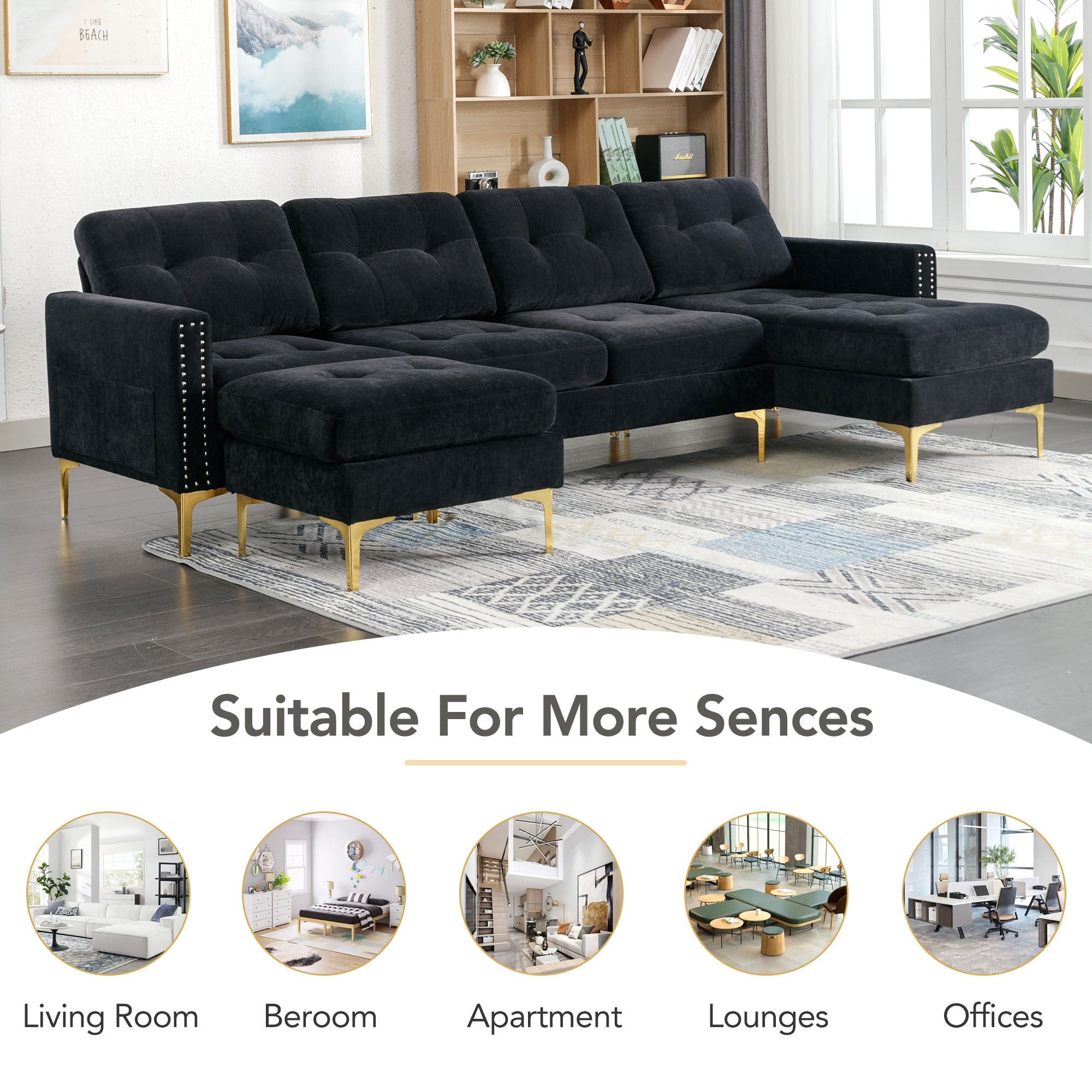 110" Velvet L-Shaped Sectional Sofa with Storage &amp; Movable Ottoman - Black-Stationary Sectionals-American Furniture Outlet