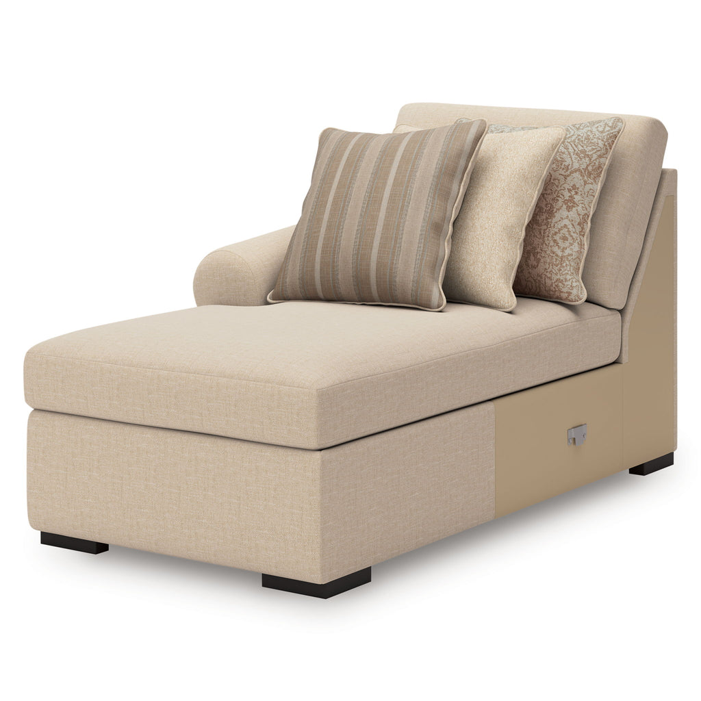 Cream upholstered chaise with striped and patterned throw pillows, square arms