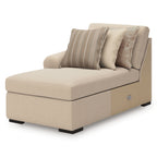 Cream upholstered chaise with striped and patterned throw pillows, square arms