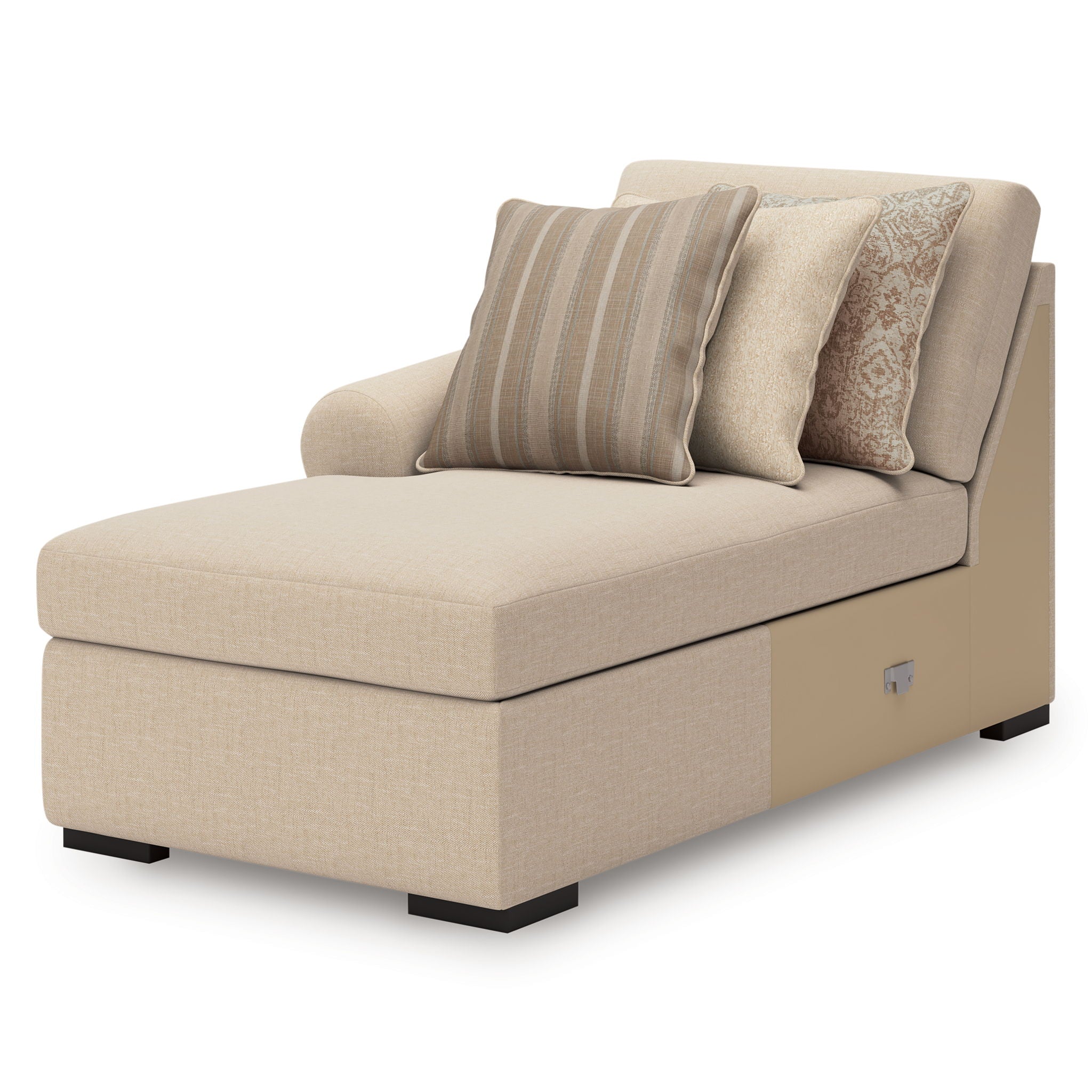 Cream upholstered chaise with striped and patterned throw pillows, square arms