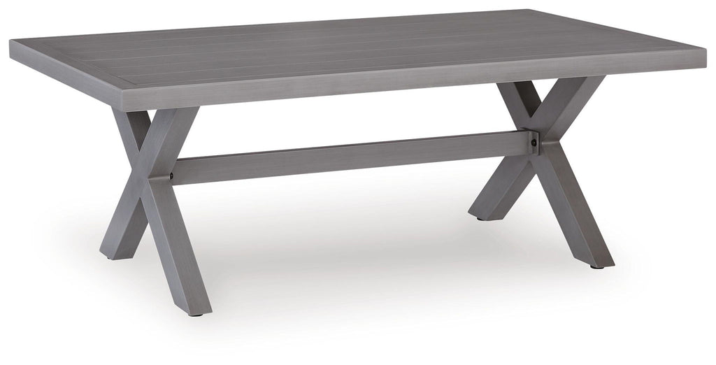 Gray rectangular cocktail table with slatted top and X-frame metal legs