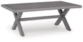 Gray rectangular cocktail table with slatted top and X-frame metal legs