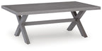 Gray rectangular cocktail table with slatted top and X-frame metal legs