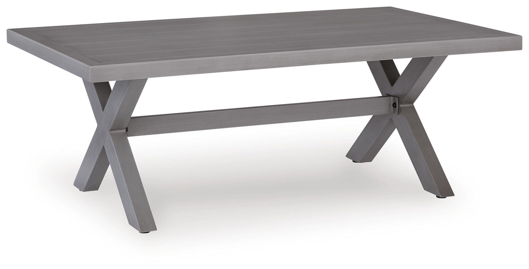 Gray rectangular cocktail table with slatted top and X-frame metal legs