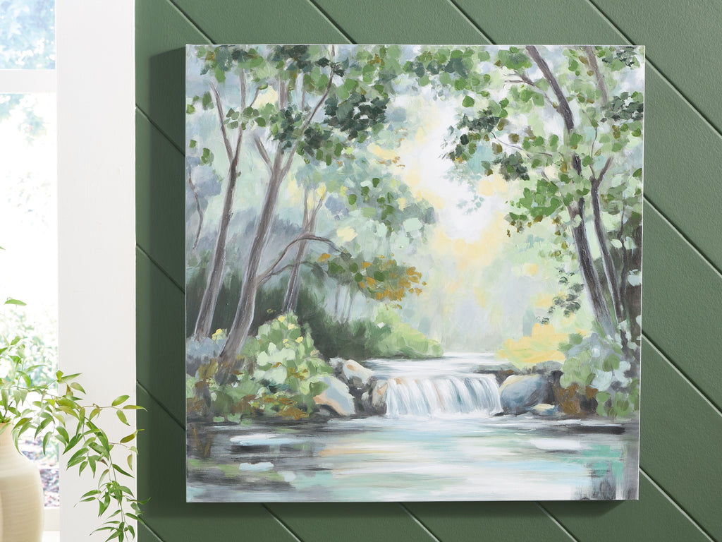 Framed landscape wall art with green foliage, gray waterfall, and light white sky