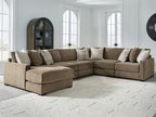 Coffee-brown sectional sofa with chaise, wide track arms, and mixed throw pillows
