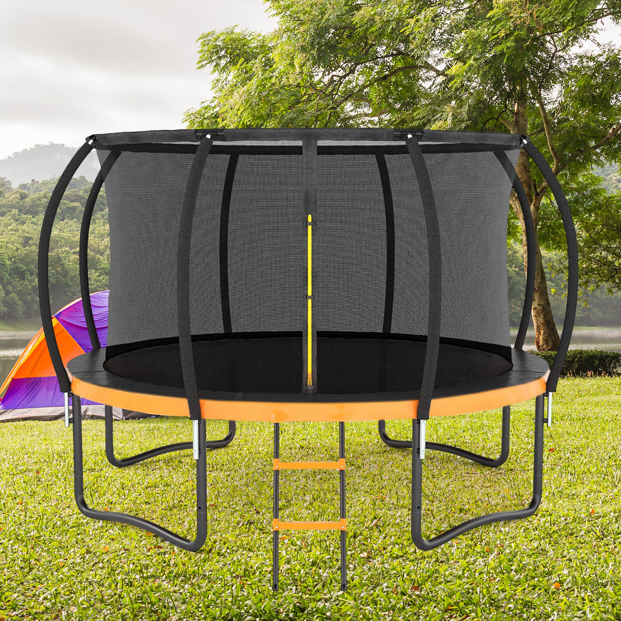 12FT Outdoor Big Trampoline with Inner Safety Enclosure Net, Ladder, PVC Spring Cover Padding - For Kids - Black & Orange Color | Safe and Fun Outdoor Play Equipment |