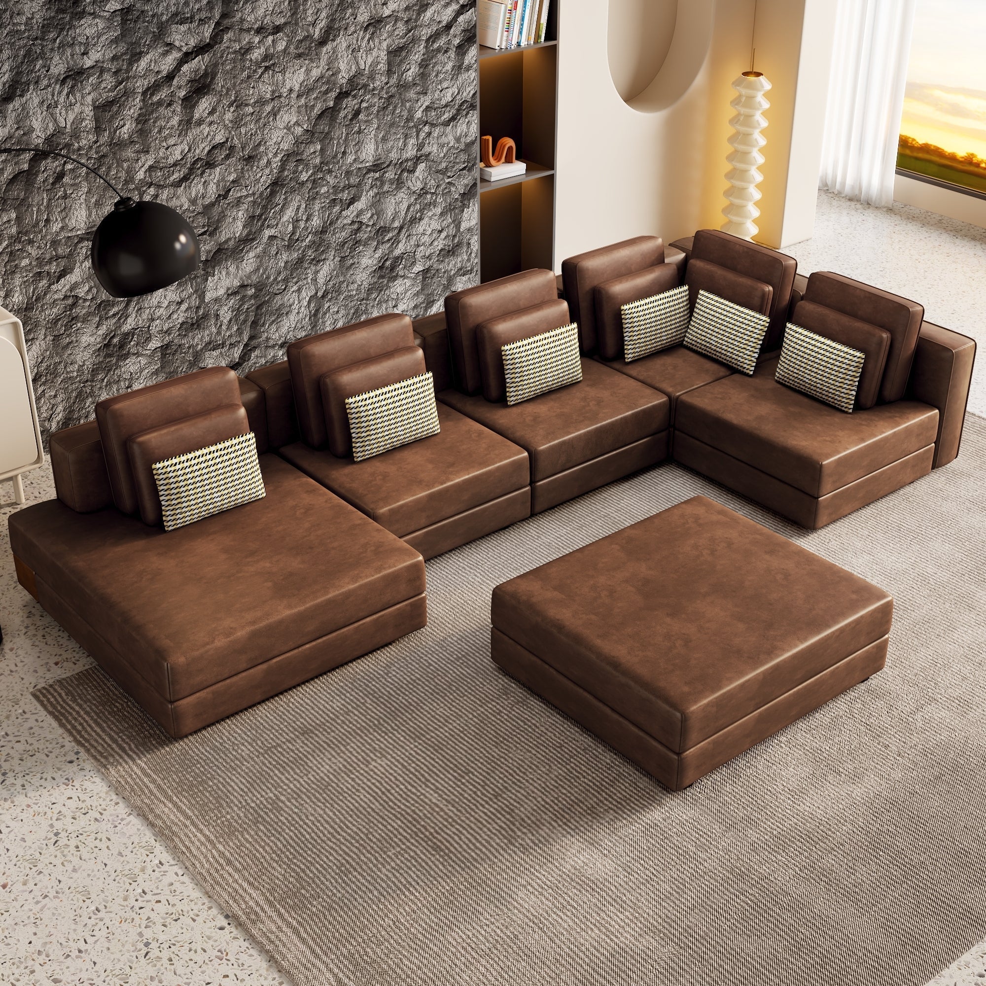 112" Brown Faux Leather U-Shaped Sectional with Ottoman-American Furniture Outlet -American Furniture Outlet